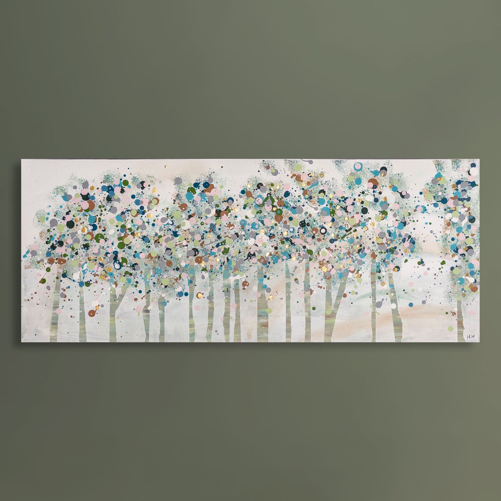 Original abstract winter landscape painting featuring pale tree trunks beneath a soft, misty sky with layered dots of blue, green, blush, lavender, and gold accents resembling snowfall.