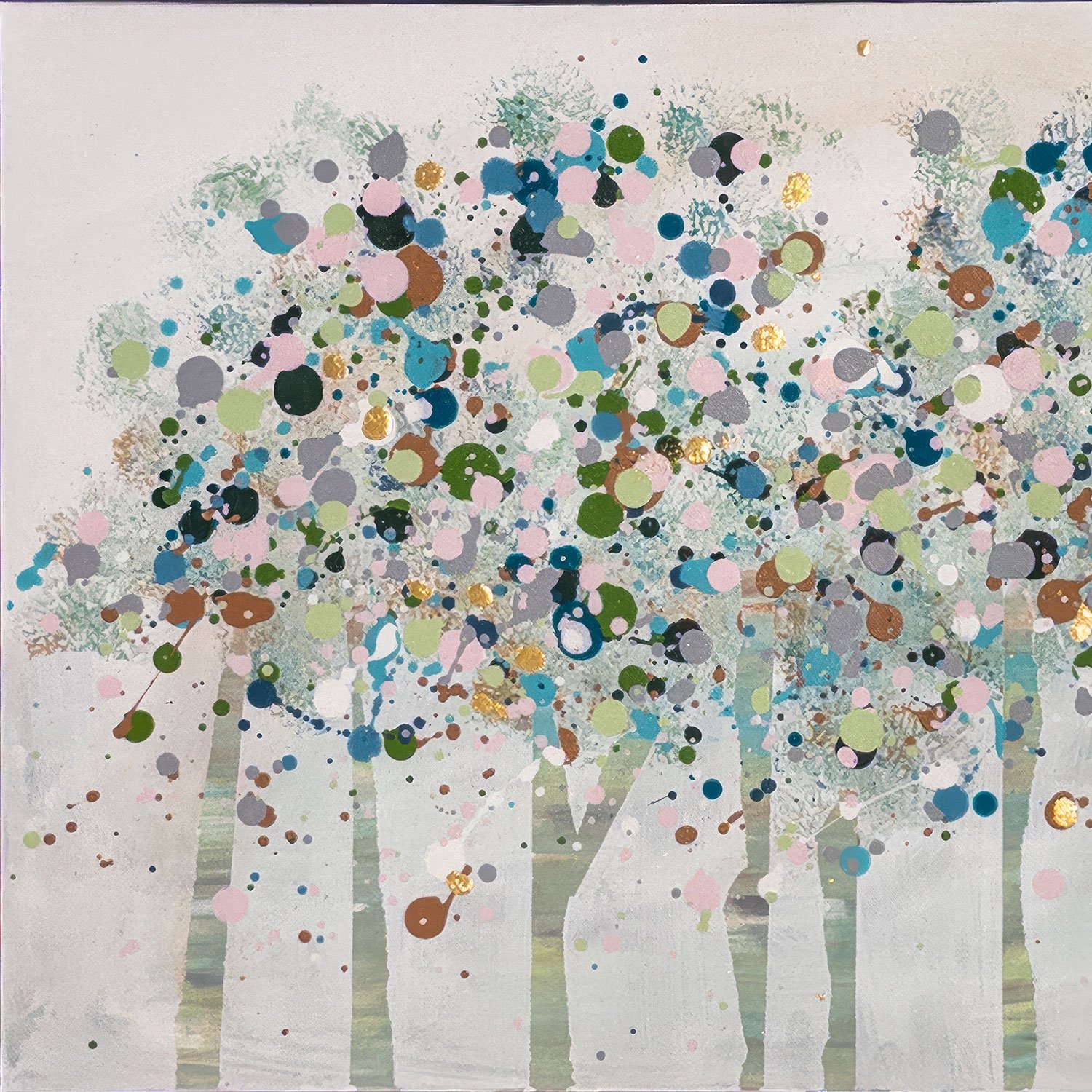Original abstract winter landscape painting featuring pale tree trunks beneath a soft, misty sky with layered dots of blue, green, blush, lavender, and gold accents resembling snowfall.