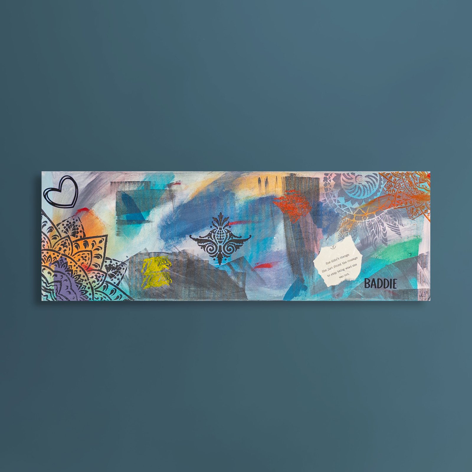 Original mixed media abstract painting with layered teal, blue, lavender, orange, and neutral tones, featuring stenciled patterns, collage elements, and expressive marks on a horizontal canvas.