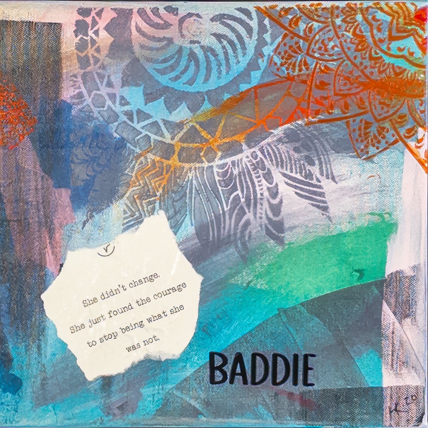 Original mixed media abstract painting with layered teal, blue, lavender, orange, and neutral tones, featuring stenciled patterns, collage elements, and expressive marks on a horizontal canvas.