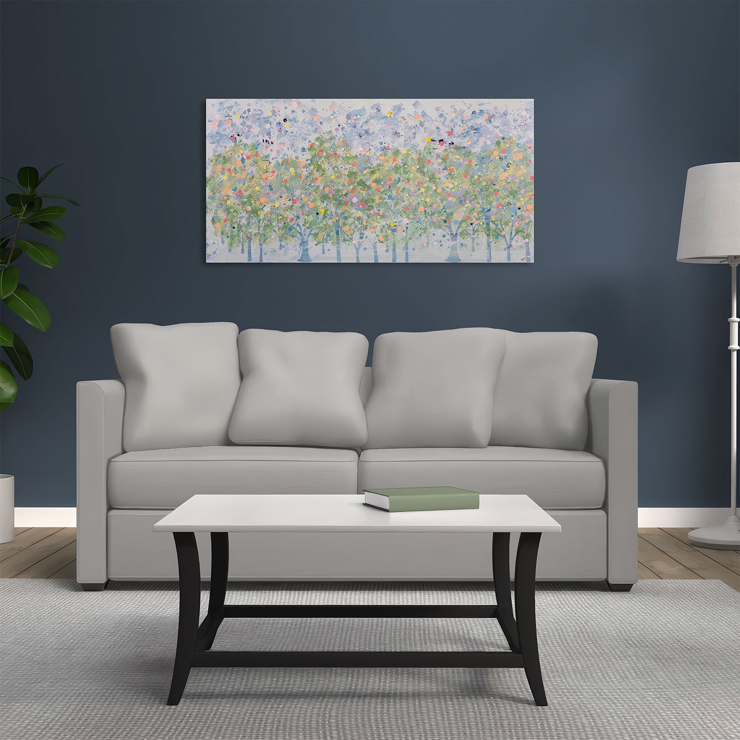 Original abstract landscape painting featuring soft green tree-like forms beneath a pale blue and lavender sky, accented with scattered coral, yellow, peach, and blue paint splatters.