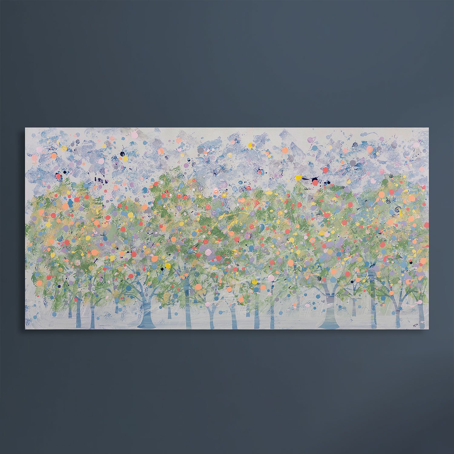 Original abstract landscape painting featuring soft green tree-like forms beneath a pale blue and lavender sky, accented with scattered coral, yellow, peach, and blue paint splatters.