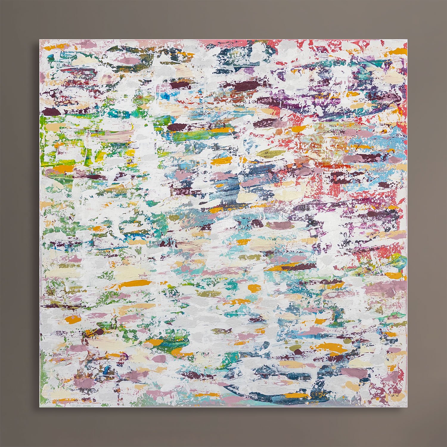 Original abstract square painting with layered white brushstrokes over textured turquoise, blush, plum, green, ochre, and muted blue tones, creating a warm and weathered composition.