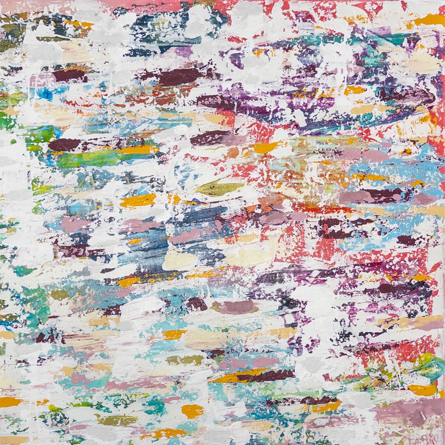 Original abstract square painting with layered white brushstrokes over textured turquoise, blush, plum, green, ochre, and muted blue tones, creating a warm and weathered composition.