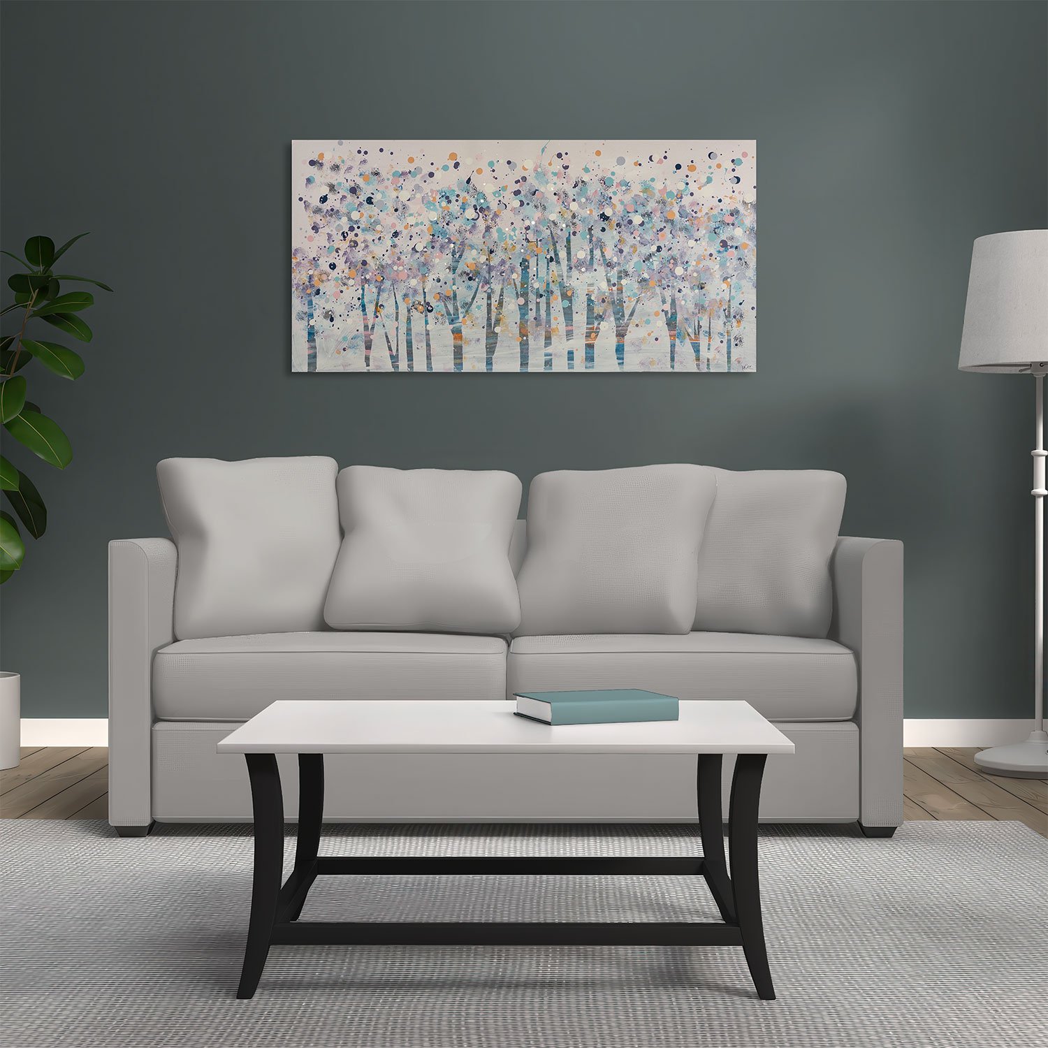 Original abstract winter landscape painting featuring pale tree-like forms in icy blue, lavender, white, and blush tones with scattered white and pastel dots resembling snow across the canvas.