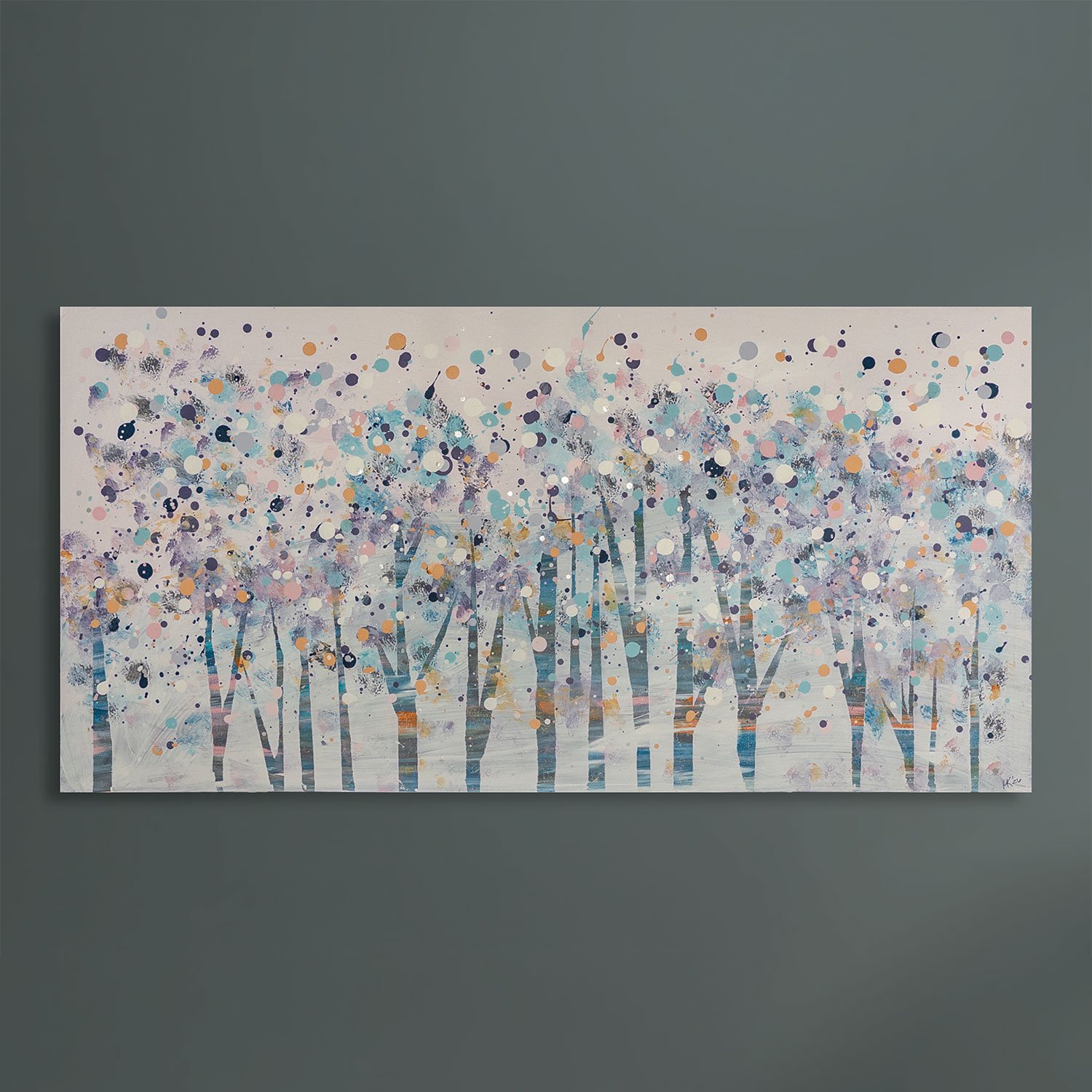 Original abstract winter landscape painting featuring pale tree-like forms in icy blue, lavender, white, and blush tones with scattered white and pastel dots resembling snow across the canvas.