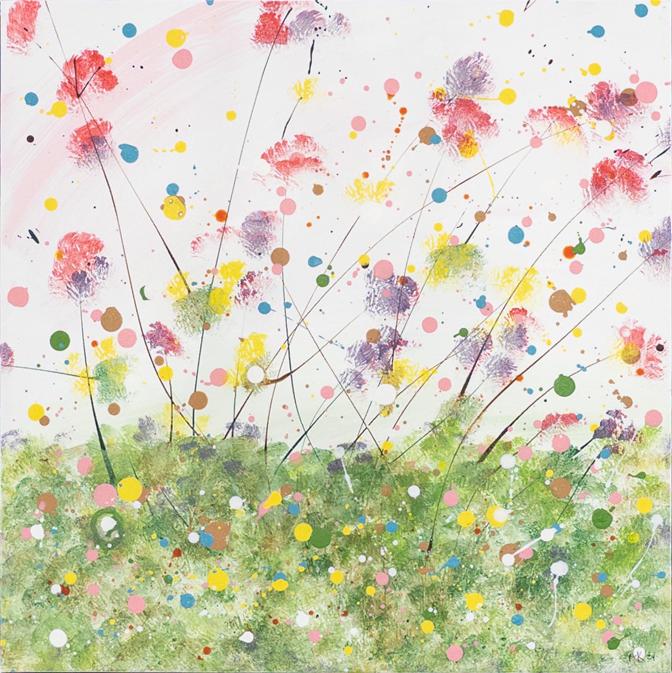 Original abstract floral landscape painting featuring delicate pink, lavender, and yellow flower-like forms rising from a textured green field against a soft white background.