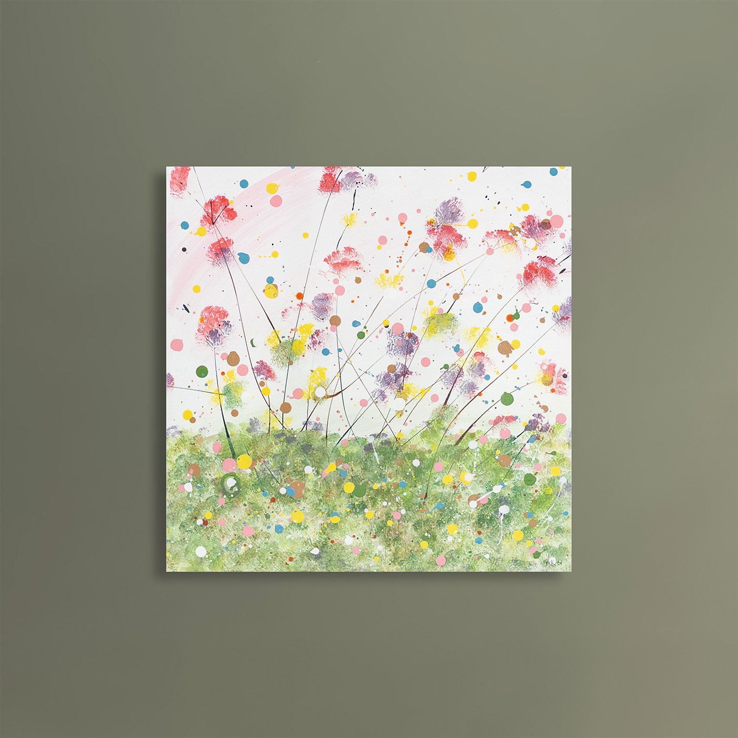 Original abstract floral landscape painting featuring delicate pink, lavender, and yellow flower-like forms rising from a textured green field against a soft white background.
