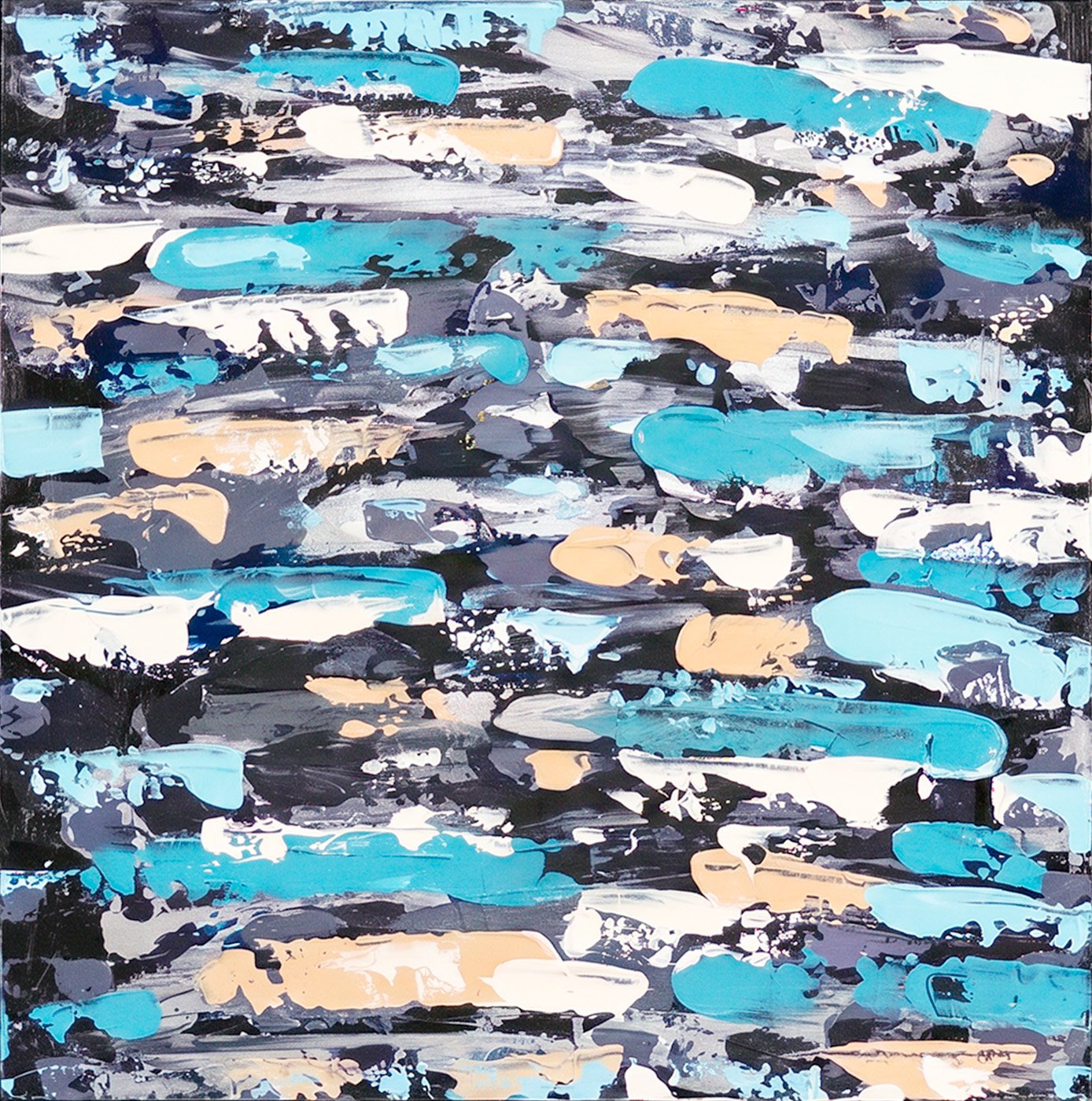 Original abstract painting featuring layered horizontal brushstrokes in turquoise, black, charcoal, white, and warm beige tones, creating a modern and rhythmic composition.