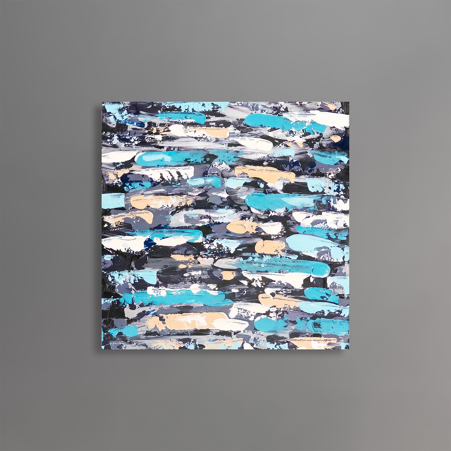 Original abstract painting featuring layered horizontal brushstrokes in turquoise, black, charcoal, white, and warm beige tones, creating a modern and rhythmic composition.