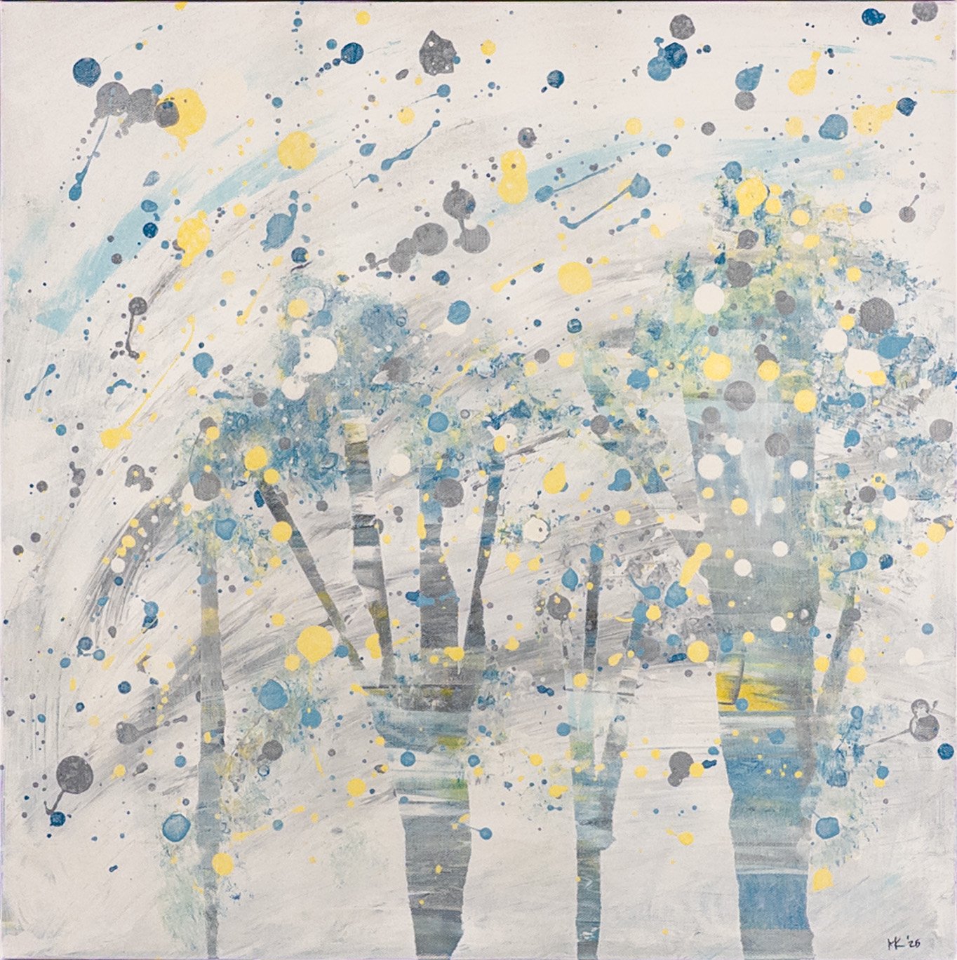 Original abstract landscape painting featuring pale blue and white tree forms with scattered yellow, gray, and blue paint splatters creating a playful and airy composition.