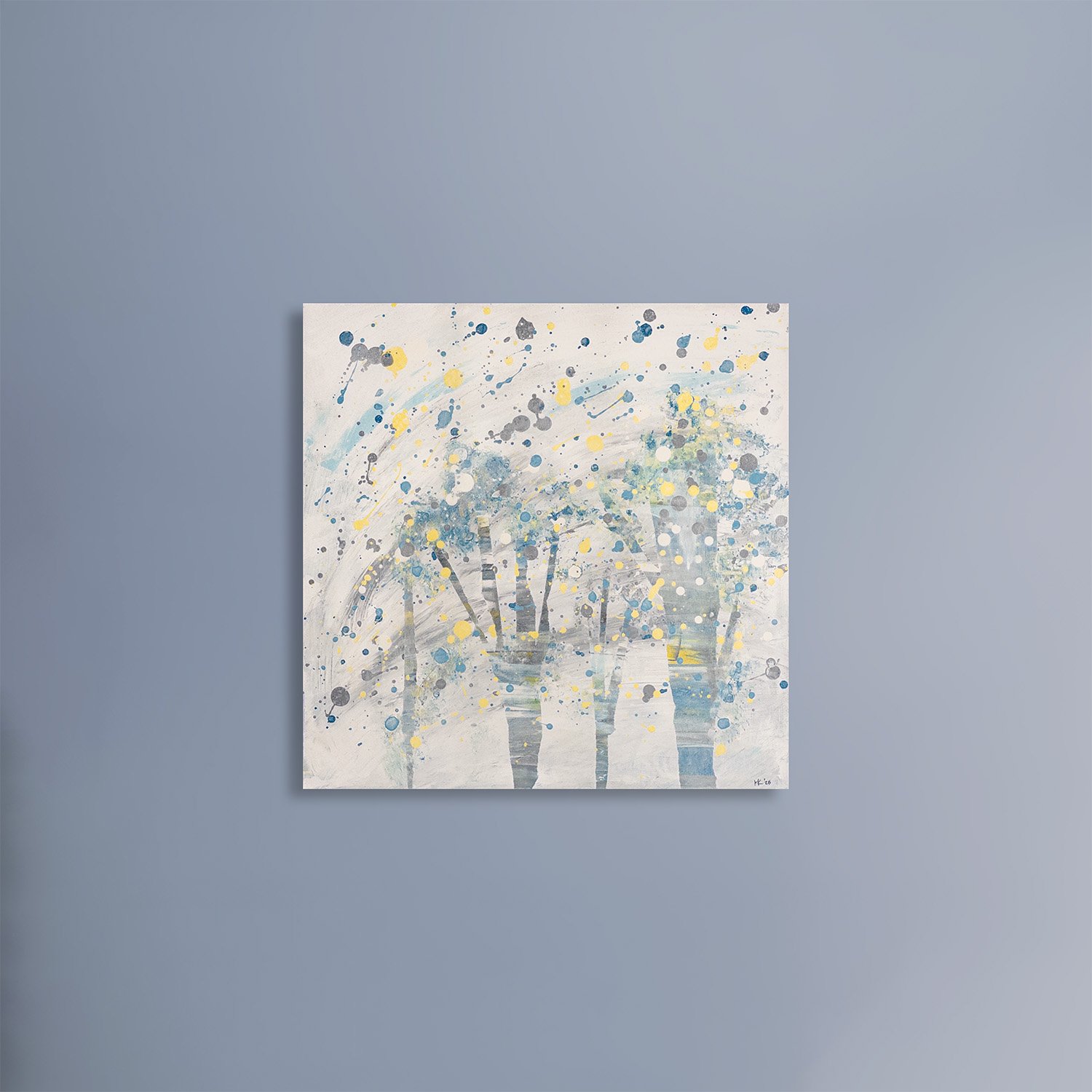 Original abstract landscape painting featuring pale blue and white tree forms with scattered yellow, gray, and blue paint splatters creating a playful and airy composition.