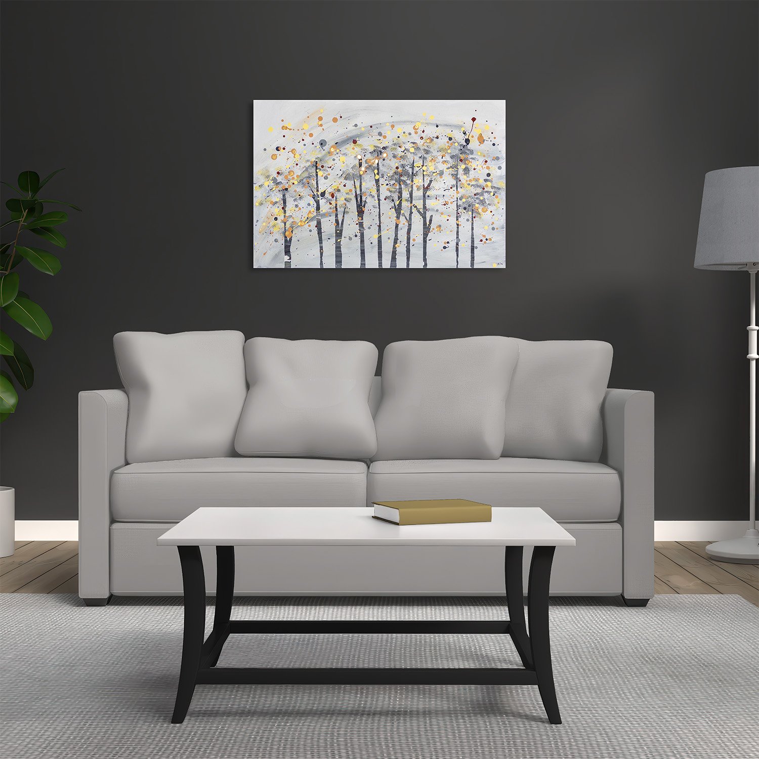 Original abstract landscape painting featuring slender tree forms in gray and charcoal beneath a canopy of gold, ochre, rust, and gray splatters with metallic gold accents on a soft neutral background.