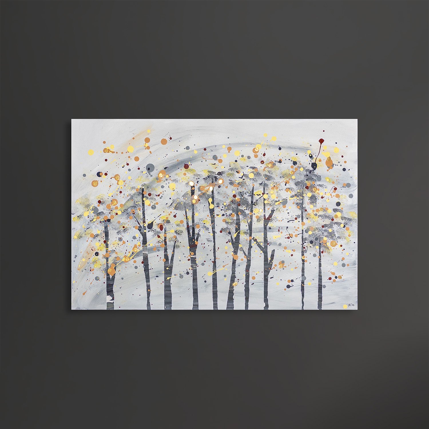 Original abstract landscape painting featuring slender tree forms in gray and charcoal beneath a canopy of gold, ochre, rust, and gray splatters with metallic gold accents on a soft neutral background.
