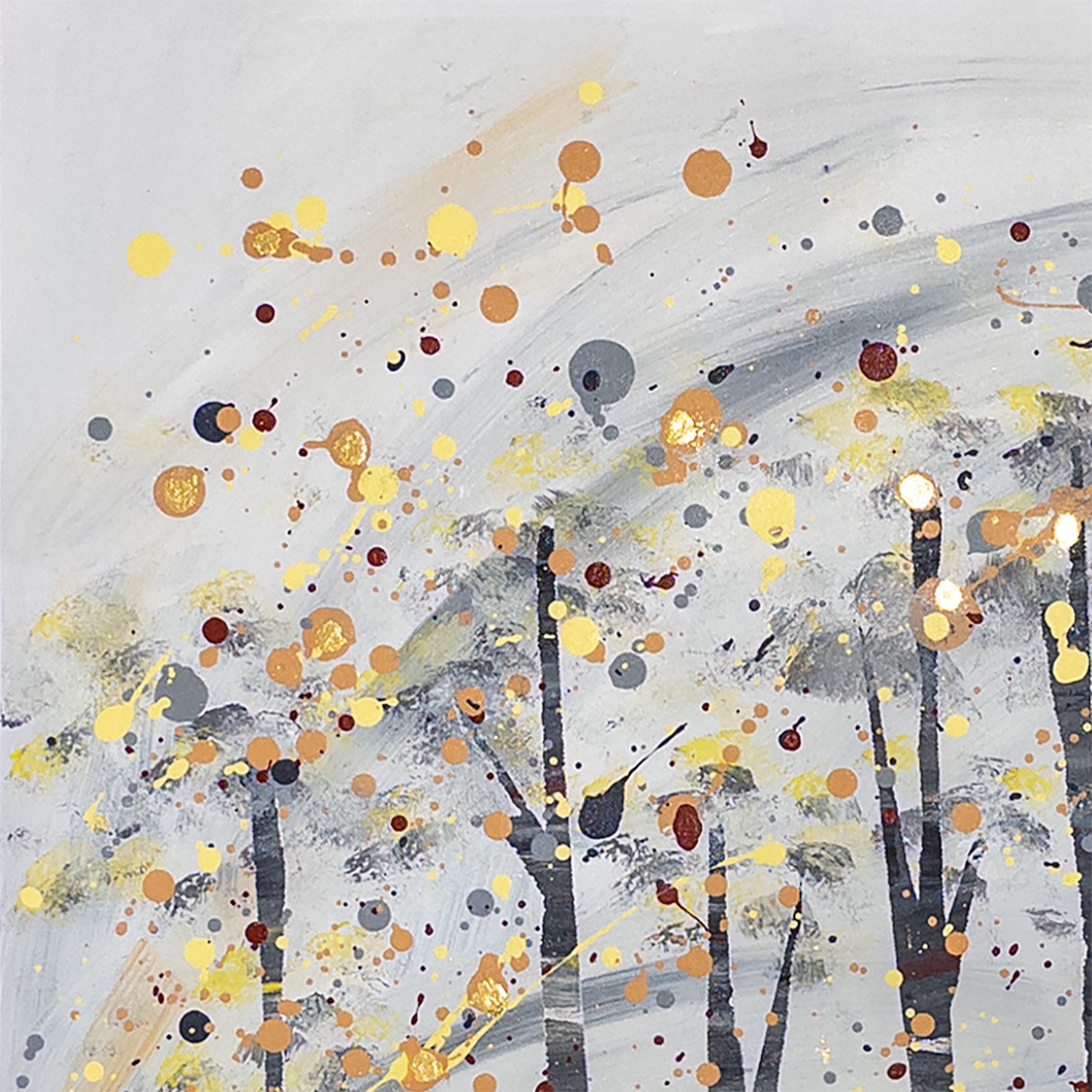 Original abstract landscape painting featuring slender tree forms in gray and charcoal beneath a canopy of gold, ochre, rust, and gray splatters with metallic gold accents on a soft neutral background.